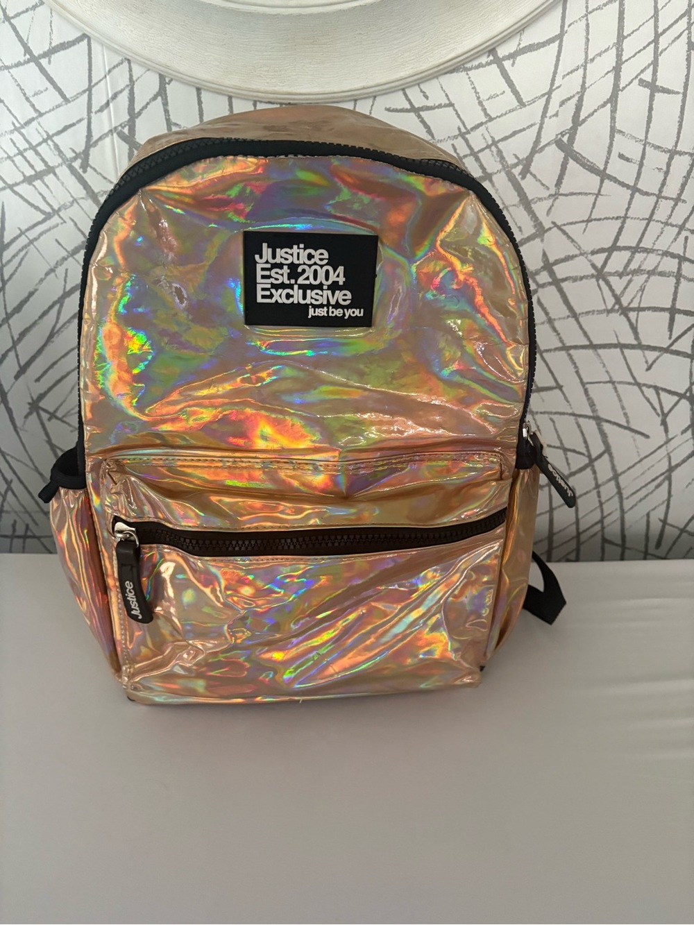 Justice Iridescent Rose Gold Holographic Mini Backpack